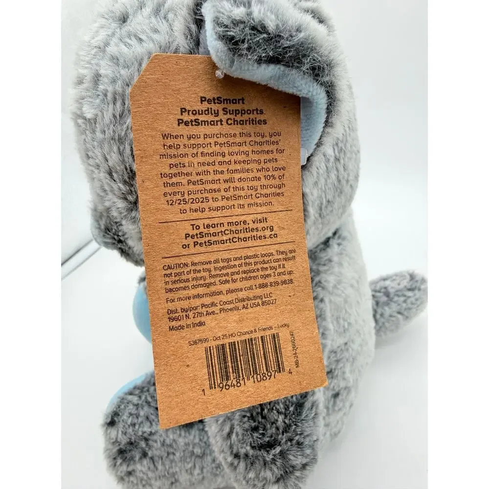 Petsmart 2025 Lucky the Cat Grey & Blue Bow Squeaky Chew Dog Toy Plush 10.5
